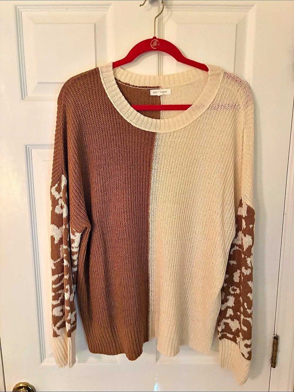 blu pepper Color Block Crewneck Sweater in Brown & Cream